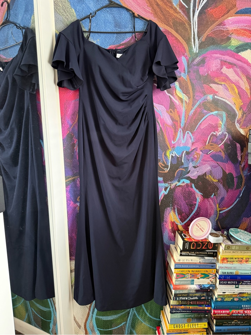 Calvin Klein Formal Navy Drop Shoulder Ruffled-Sleeve Midi Dress